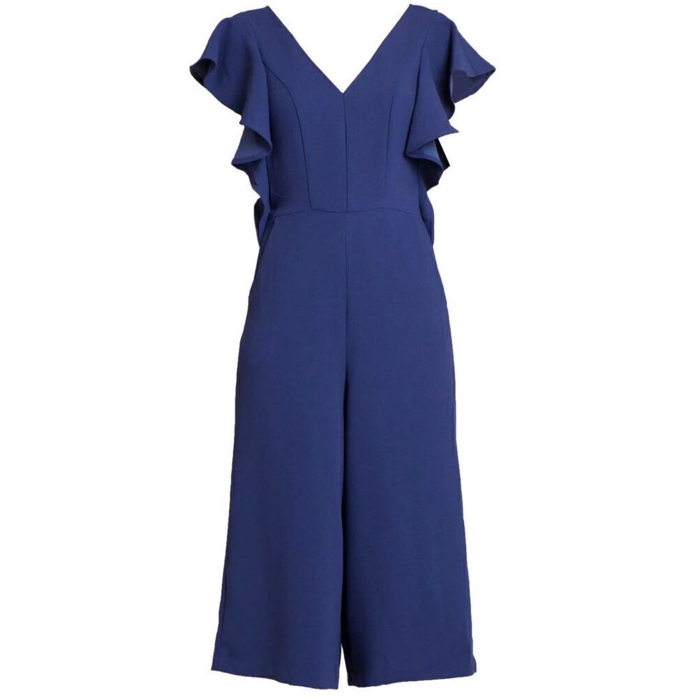 Rachael Roy Cropped Jumpsuit Womens Navy Ruffled Sleeves V‎ Neck